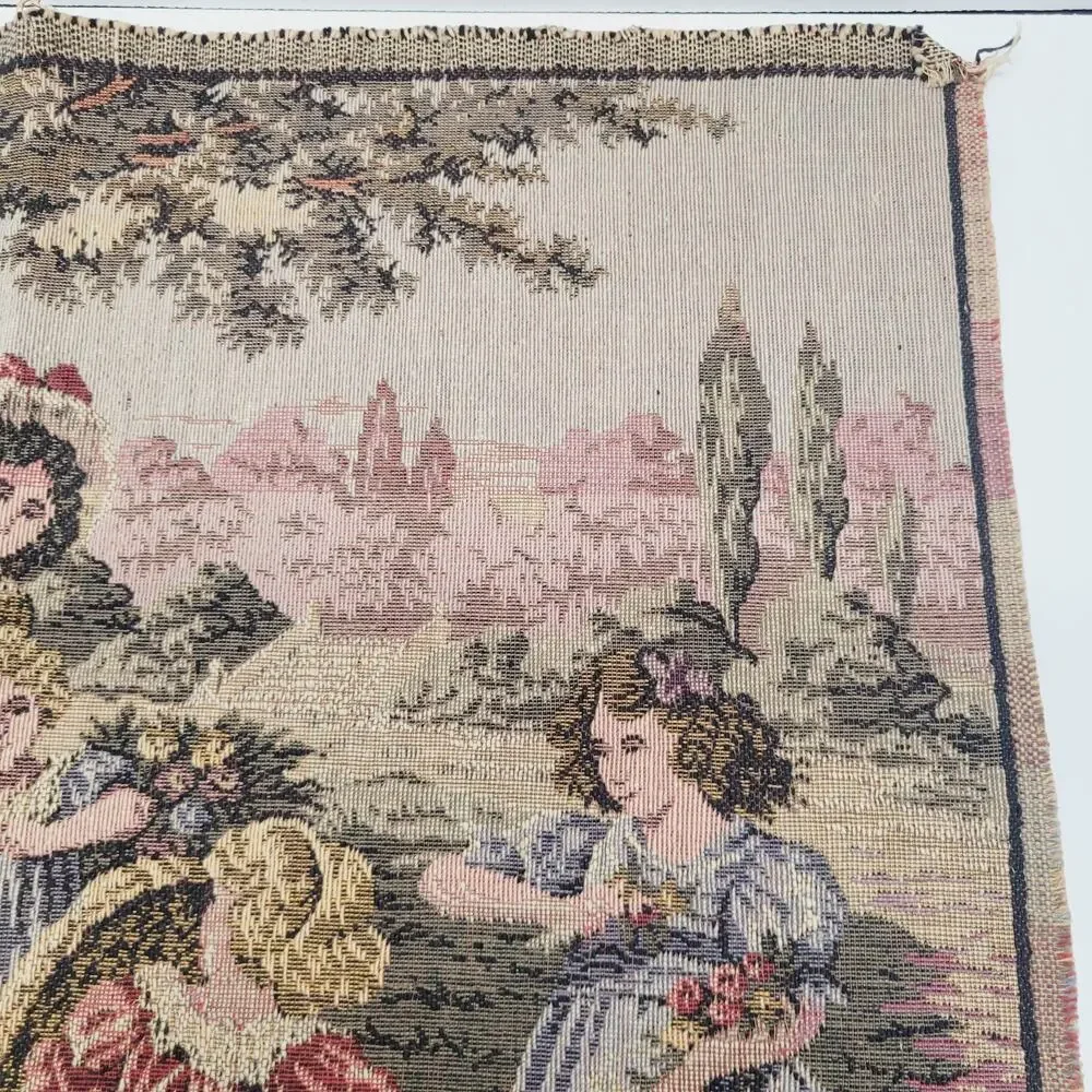 Kids in Garden Scene Vintage Wall Hanging Tapestry Made In Italy Carriage Ram